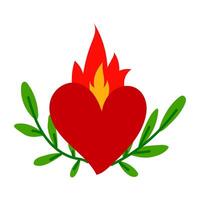 Mexican Sacred Heart on fire is a flat illustration with bright colors and intricate details. Mexican cultural charm, combining tradition with a playful and joyful spirit vector