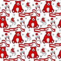pattern with elements of winter sports and bear in the Canadian color scheme. Hockey skates, stick with puck, scarf, hat, mittens and red bear. elements are made in red, white tones, around snowflakes vector
