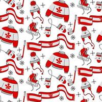 A pattern with winter sports items in Canadian colors. Hockey skates, a stick with a puck, a sweater, a scarf, a hat and mittens. The elements are made in red and white tones, around snowflakes vector