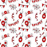 Seamless pattern with flags, balloons, fireworks, fireworks, confetti festive theme of Canada. flat illustration for the symbols of a clover leaf in red colors of the Canada Day themed holiday vector
