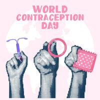 Hands holding contraceptives, collage in the style of pop art grunge. World Contraception Day, September 26, is made halftone style using dots. Hands holding iud, ring, bandage different poses vector