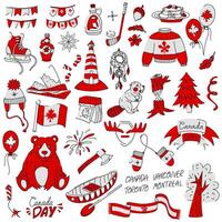 Set of illustrations on the theme of Canada Day in a flat style in the colors red, white, black. Individual objects, animals on a white. Ideal for creating websites, apps and souvenirs. vector