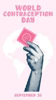Hands holding contraceptives, a collage in the style of pop art grunge. World Contraception Day, September 26, is made in a halftone style using dots. Hands holding a flat pink condom vector