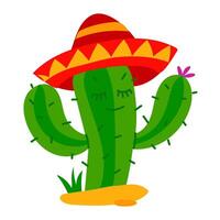 cactus in a sombrero grows on the sand in the desert. Flat illustration on a white background. The Mexican theme of the party. A cheerful green prickly character. Cactus with a flower vector