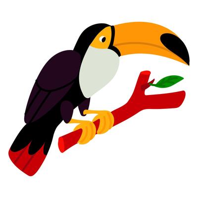 Toucan is sitting on a branch. Flat illustration is isolated on white. Birds and animals of the rainforest. The concept of a flat illustration. Mexican animals. Hot tropical countries