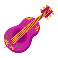 An isolated colored guitar musical instrument with a illustration of Mexican-style ornaments. Purple flat-style instrument with flowers and leaves. Stringed instrument on a white background vector