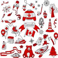 Set of illustrations on the theme of Canada Day in flat style in the colors red, white, black. Individual objects, animals on a white background. Ideal for creating souvenirs, decorative doodle vector