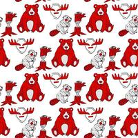 pattern is a flat illustration depicting red Canadian animals with a black outline and texture. Horns of a bear, beaver, moose. Bright repeating animals, Canada Day theme, on a white background vector