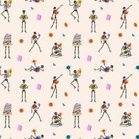 Seamless pattern with Funny Skeleton ready for school with school stationery. Back to school vector