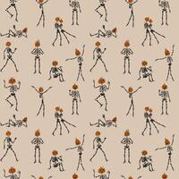 Seamless pattern with Funny Skeletons with a pumpkin head. Cute character Skeleton Bones vector