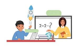 Young boy studying at desk with laptop and books, teacher in the screen teaching math in background, online studying, help after school concept illustration vector