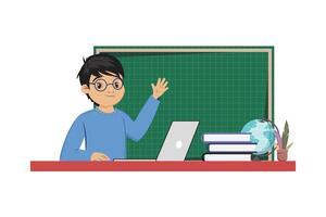 Cheerful boy participating in online class, with school items on the desk, in front of a green chalkboard vector