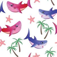 Playful seamless pattern featuring blue and pink sharks, palm trees, and starfish on a white background vector