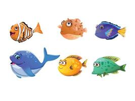 Illustration of various fish types like clownfish, pufferfish, and flounder in a vibrant underwater scene vector