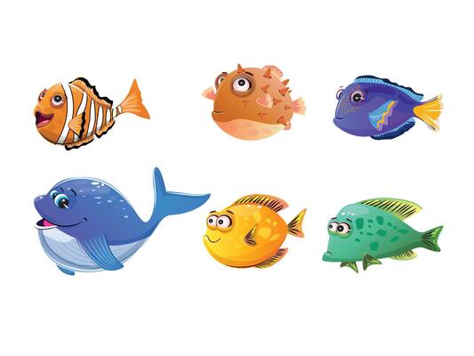 Illustration of various fish types like clownfish, pufferfish, and flounder in a vibrant underwater scene