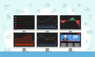 Stock market trader multiple computer monitors with moving down financial charts and news. Business analysis downtrend graphs. Broker exchange trading workplace. Financial index diagrams falling. Eps vector