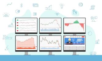 Stock market trader multiple computer monitors with moving down financial charts, diagrams and news. Business index analysis downtrend graphs concept. Broker exchange trading workplace. Eps vector