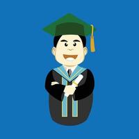 Graduate in cap and gown with diploma illustration flat design. Design element illustration of a student who has graduated wearing a toga and holding a graduation certificate vector