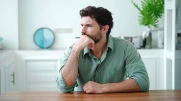 Stressed young dark-haired beraded Caucasian man suffering from psychological troubles and problems due to overwork, worrying about problems at work, difficulties in his own business. video