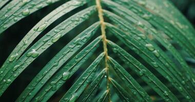 Cropped view of a tropical palm leaf with raindrops during a rainy day in the rainforest. Slow motion. Close-up. Steadicam shot. video