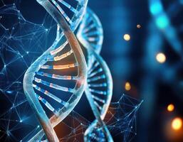 Glowing DNA Strands Close Up Genetic Mapping photo