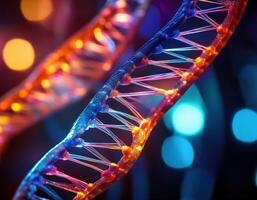 Glowing DNA Strands Close Up Genetic Mapping photo