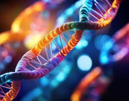 Glowing DNA Strands Close Up Genetic Mapping photo