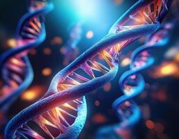 Glowing DNA Strands Close Up Genetic Mapping photo