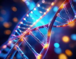 Glowing DNA Strands Close Up Genetic Mapping photo
