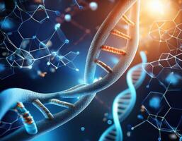 Glowing DNA Strands Close Up Genetic Mapping photo