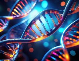 Glowing DNA Strands Close Up Genetic Mapping photo