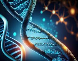 Glowing DNA Strands Close Up Genetic Mapping photo
