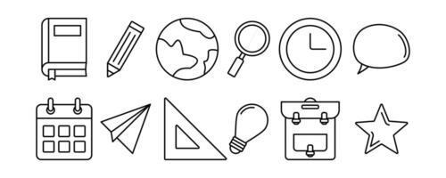 set of back to school line icons, such as book, clock, calendar, pencil, bag, ruler icons. simple design vector