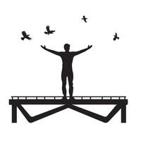 A person in Bridge lifted an open arm crow flying around silhouette vector