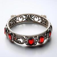 Exquisite Gold and Ruby Filigree Bangle Bracelet photo
