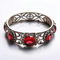 Exquisite Gold and Ruby Filigree Bangle Bracelet photo