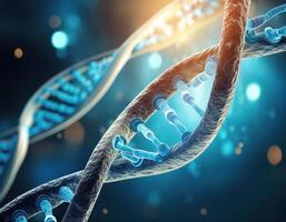 Glowing DNA Strands Close Up Genetic Mapping photo