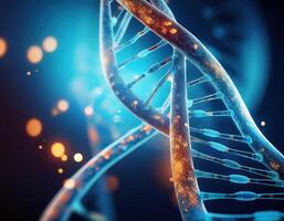 Glowing DNA Strands Close Up Genetic Mapping photo