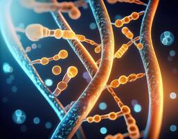 Glowing DNA Strands Close Up Genetic Mapping photo