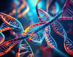 Glowing DNA Strands Close Up Genetic Mapping photo