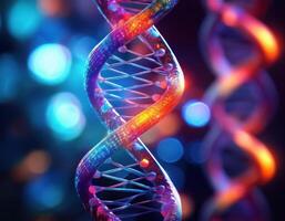 Glowing DNA Strands Close Up Genetic Mapping photo