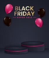 Black Friday Sale background with empty circle pedestal for product displays with balloons on dark background vector