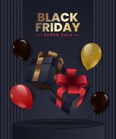 Black friday background with blank podium and realistics gift box element and balloons illustration vector