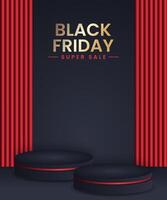 Realistic black and gold 3D cylinder pedestal podium set. abstract studio room. Black friday minimal scene for products showcase, Promotion display. vector