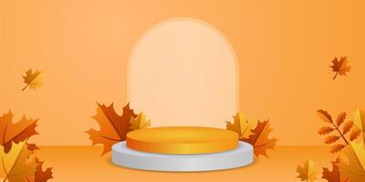 Autumn round podium with a matte transparent display against the background of falling leaves vector