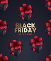 Black Friday background with realistic black gifts boxes and red bow pattern on dark background vector