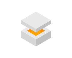 Cube logo, geometric design. Box logotype company, trendy tech emblem in pixel style. vector