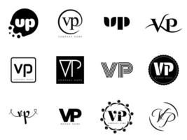 VP logo company template. Letter v and p logotype. Set different classic serif lettering and modern bold text with design elements. Initial font typography. vector