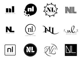 NL logo company template. Letter n and l logotype. Set different classic serif lettering and modern bold text with design elements. Initial font typography. vector