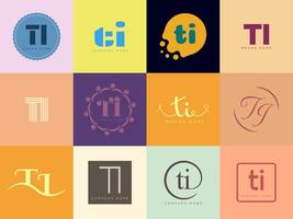 TI logo company template. Letter t and i logotype. Set different classic serif lettering and modern bold text with design elements. Initial font typography. vector